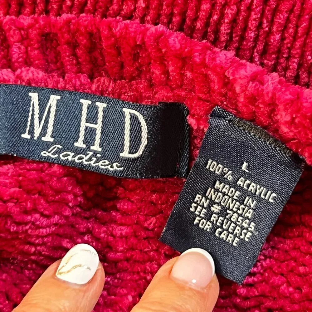 MHD Ladies Pink V Neck Fringe Hem Sweater Velour Large Soft Comfy Cozy Textured - Picture 5 of 12